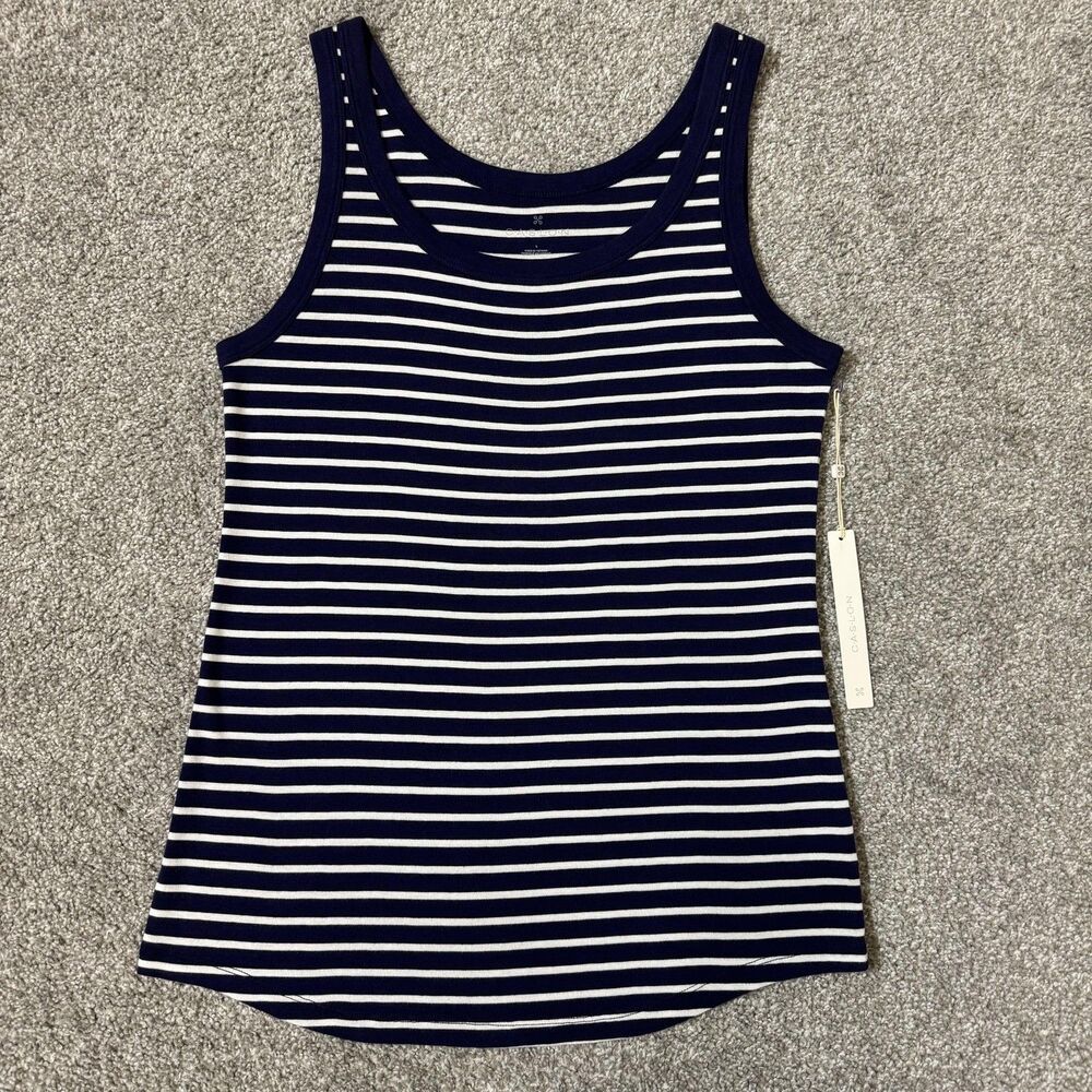 Caslon Tank Top Womens Large Blue White Stripe Scoop Neck Jersey Basic Cotton